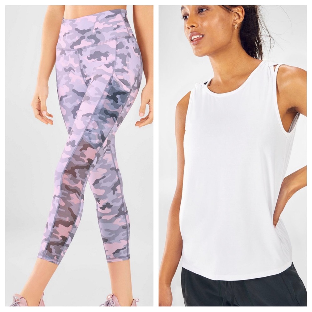 Fabletics Outfit Bundle: White Muscle tank & Pink army 7/8th with Side Pockets